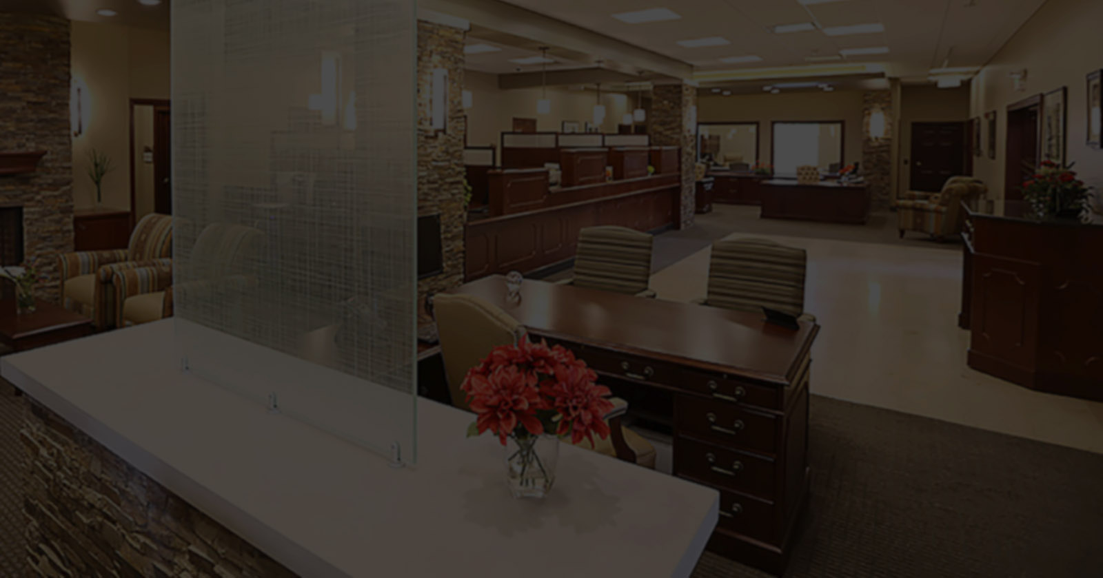 Spacious bank lobby with teller counters